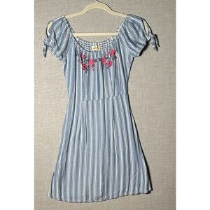 Hollister Blue Striped Floral Embroidered Smocked Mini Dress Womens XS
